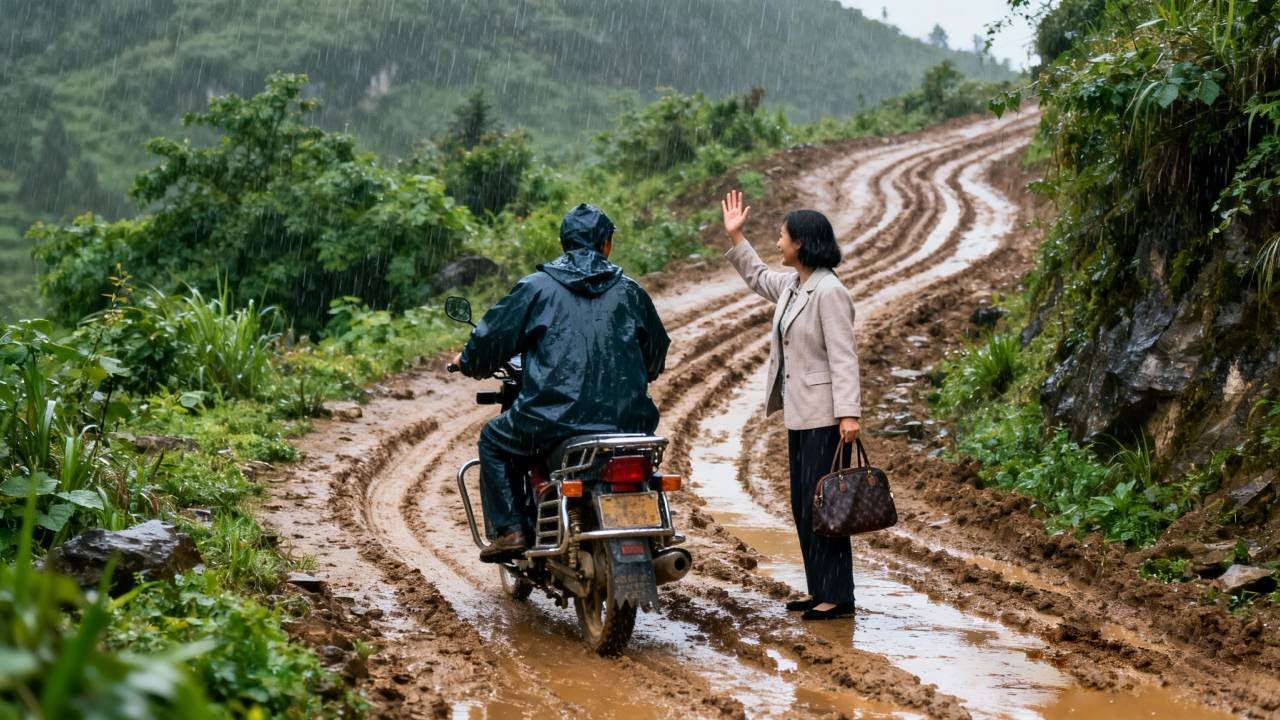 The man was riding his motorcycle up the mountain when he encountered a woman who needed help