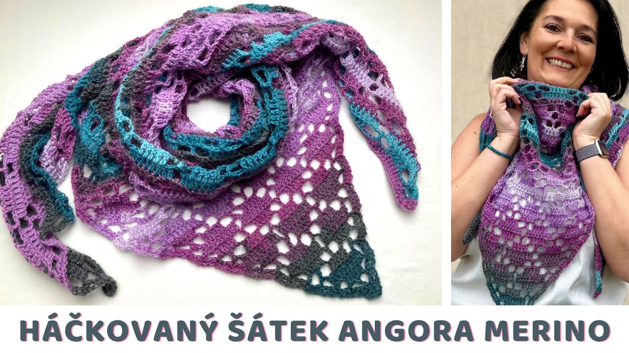Báječný nadýchaný háčkovaný šátek Angora Merino s jednoduchým květinovým vzorem, psaný návod zdarma.