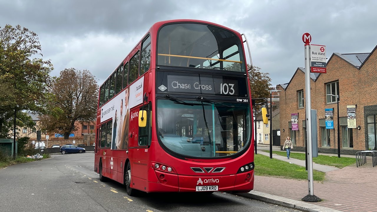 FRV. London Bus Route 103: Rainham Station - Chase Cross DW201 (LJ09KRO Wright Gemini 2 DB300