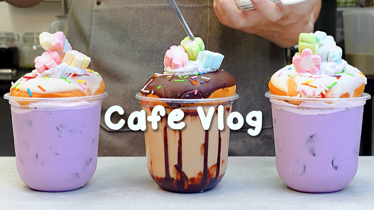 🍩도넛이 얹힌 라떼에 반할 만한 컬러💜지치고 힘들 땐 음료 ASMR로 힐링해요/카페브이로그/Cafe Vlog/ASMR/Tasty Coffee