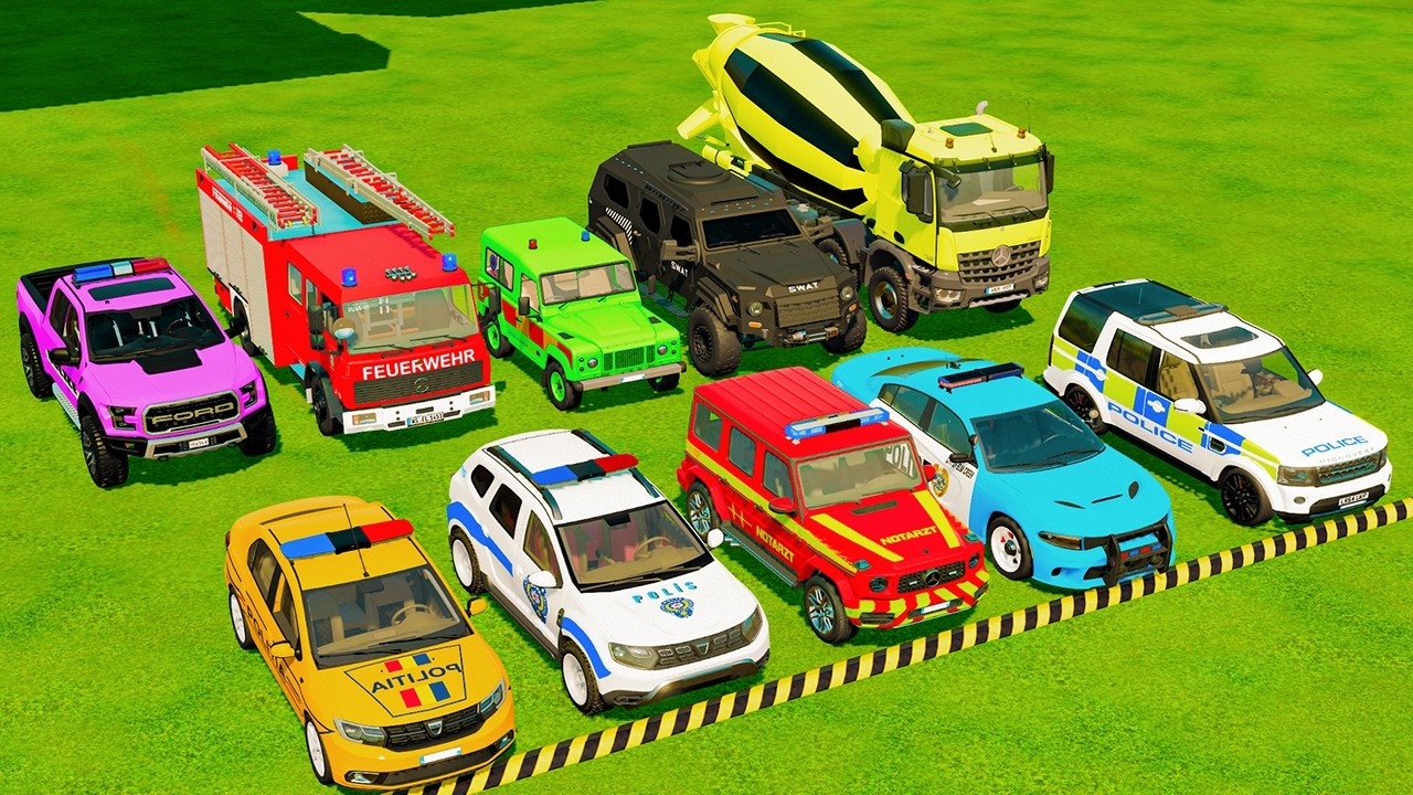 TRANSPORTING POLICE CARS, AMBULANCE, FIRE TRUCK, COLORFUL CARS WITH TRAIN -FARMING SIMULATOR 22!