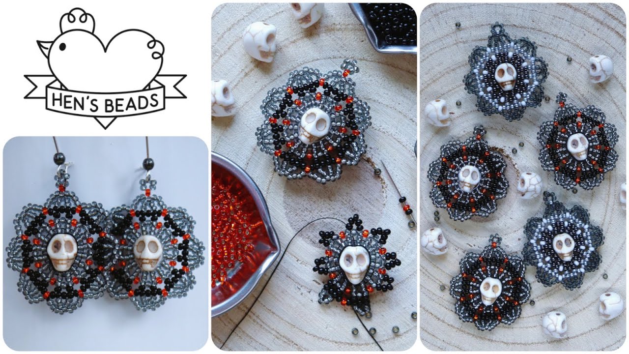 How to make SKULL FLOWER Earrings - Halloween jewelry - from seed beads | Hen's Beads DIY Tutorial