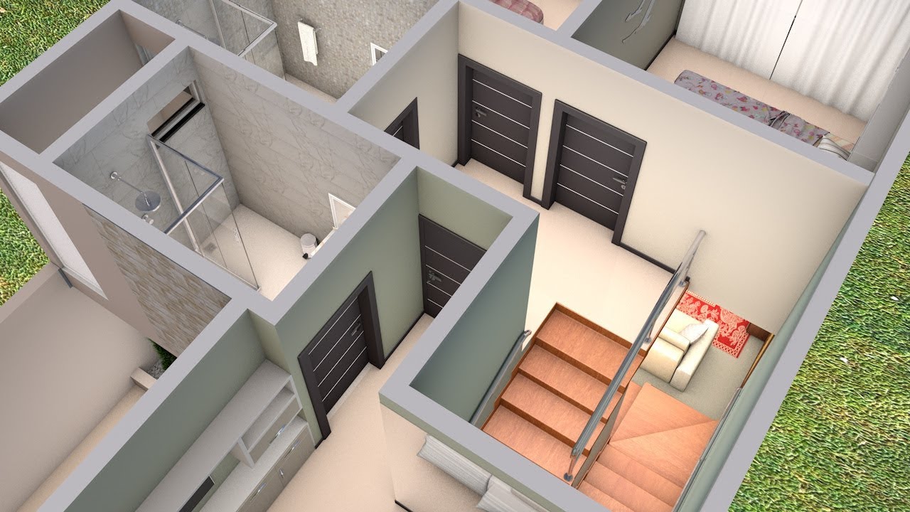 Planta 3D Duplex com três Quartos e Cozinha Americana