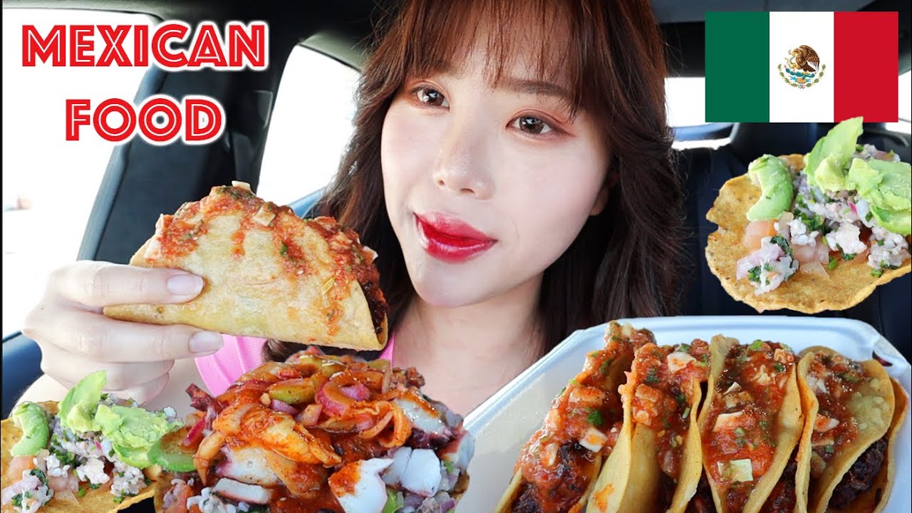 MEXICAN FOOD MUKBANG 먹방 (Shrimp Tacos, Shrimp Ceviche, SPICY Tostada w/ Aguachile, Seafood, Salsa)