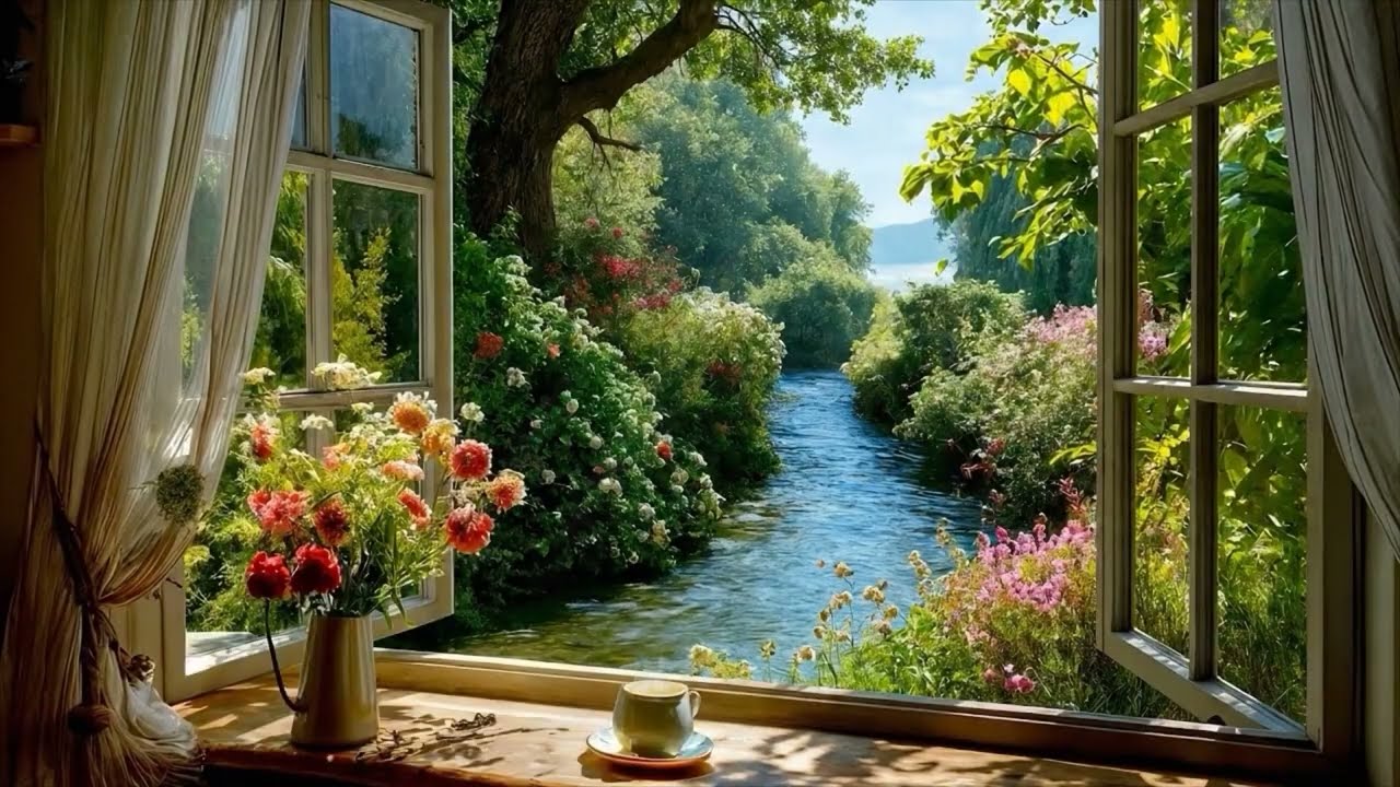 Garden Window Ambience 🌿Cozy Reading by the Stream | Gentle Water Sounds for Deep Relaxation & Sleep