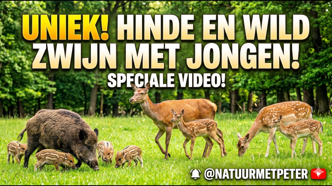 Wilde Zwijnen met frislingen, Edelherten met kalfjes en Damherten samen op de Weide