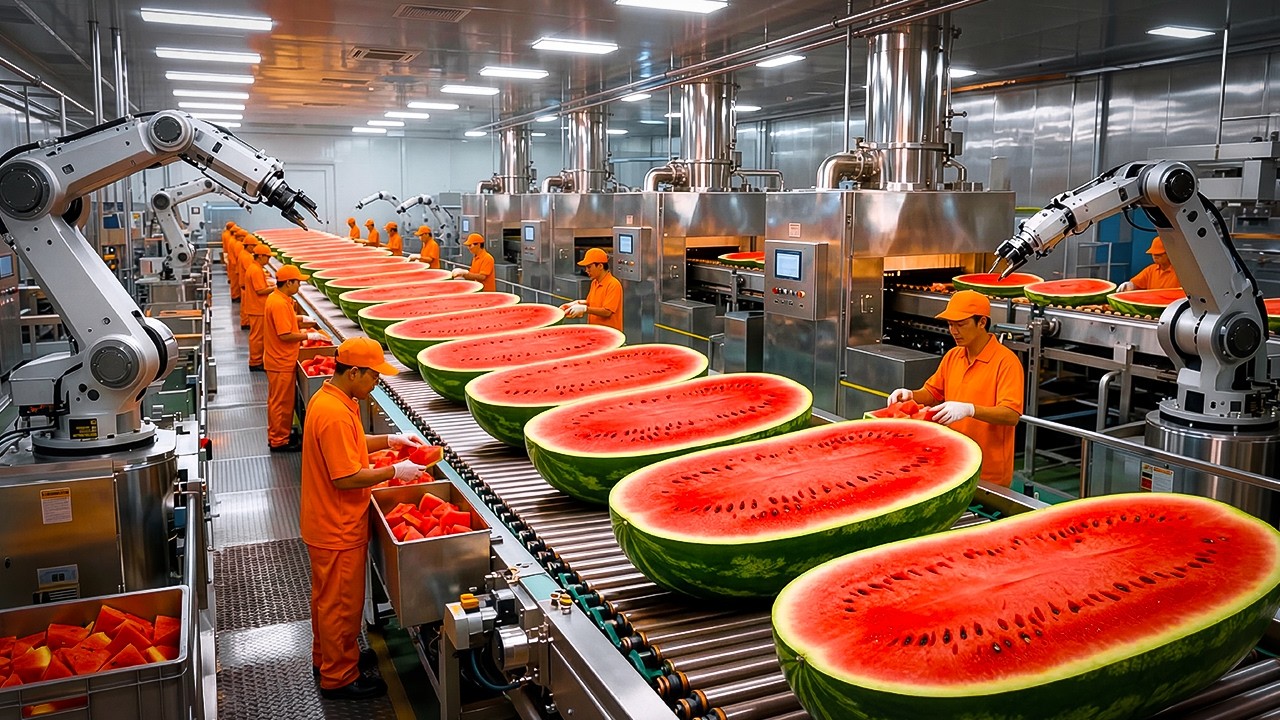 Inside a Modern Watermelon Processing Plant: From Whole Melons to Sweet Red Juice (Full Process)