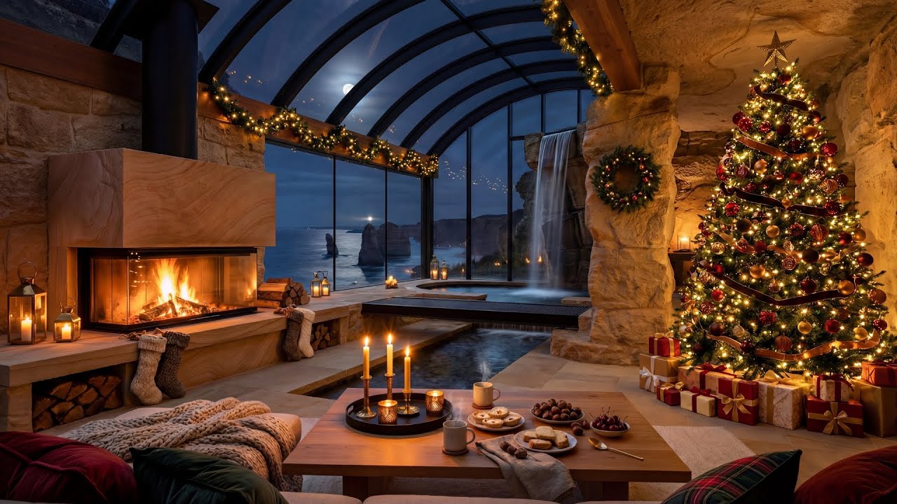 Christmas Fireplace 4K | Relaxing Piano | Australian Coastal Retreat | 3 Hours