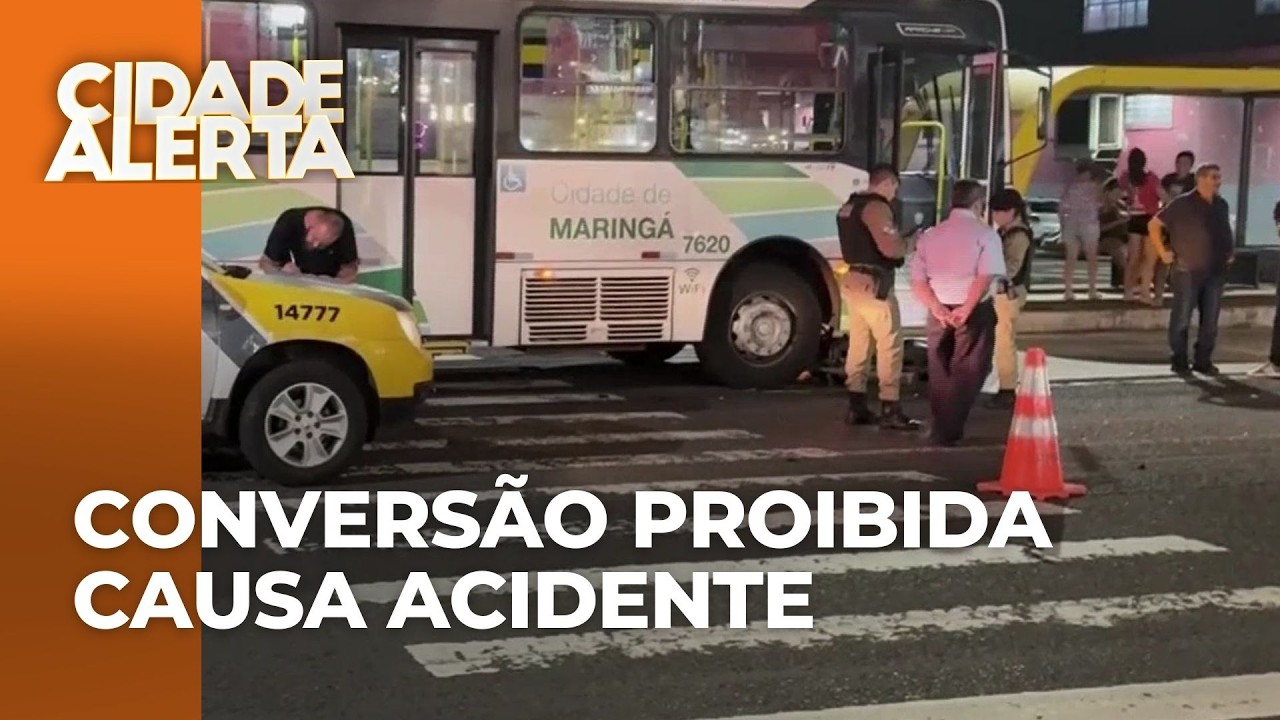 Conversão proibida causa acidente em avenida de Maringá; moto ficou presa debaixo do ônibus