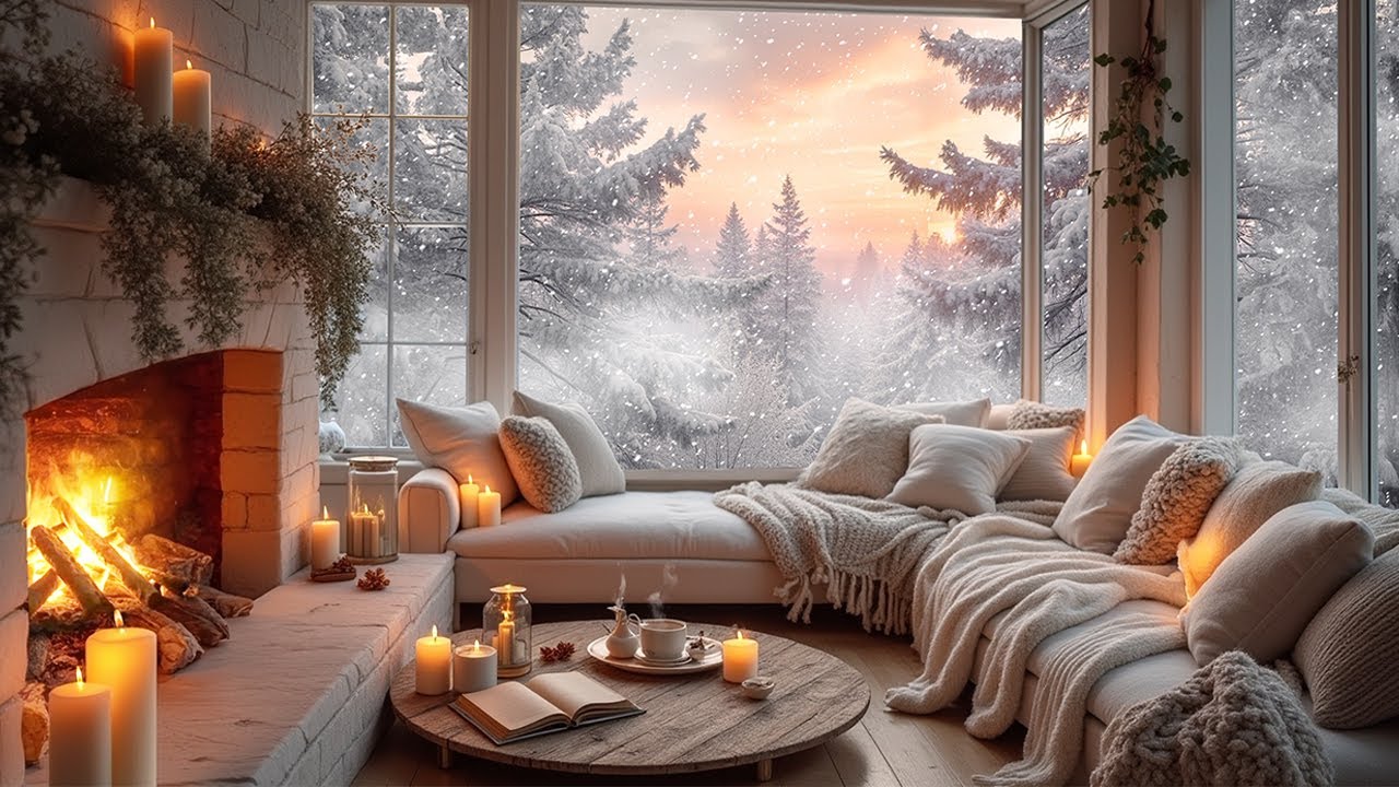 Quiet Winter Cabin Evening ❄️🔥 Crackling Fireplace, Falling Snow & Sunset Glow