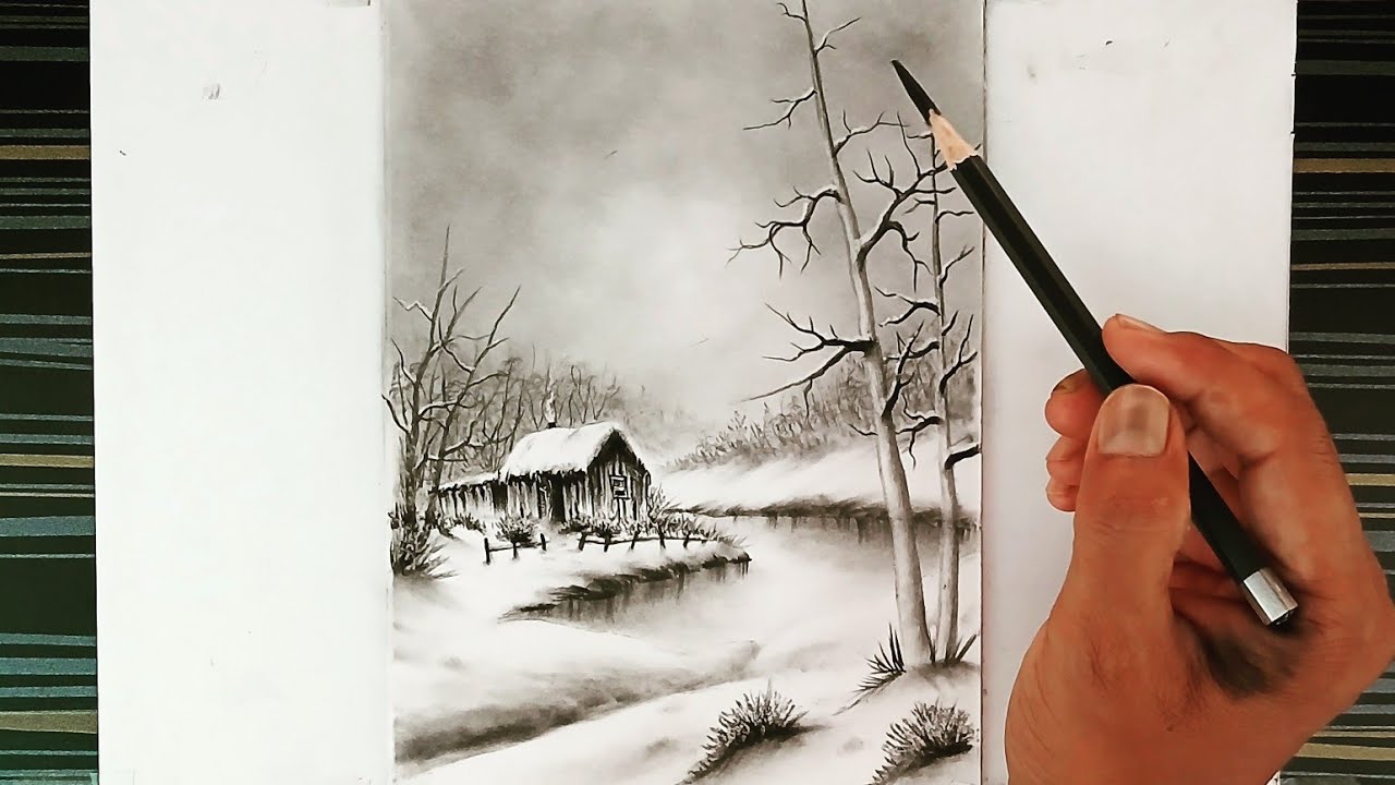 How to draw winter season landscape scenery with pencil easy ways for beginners.
