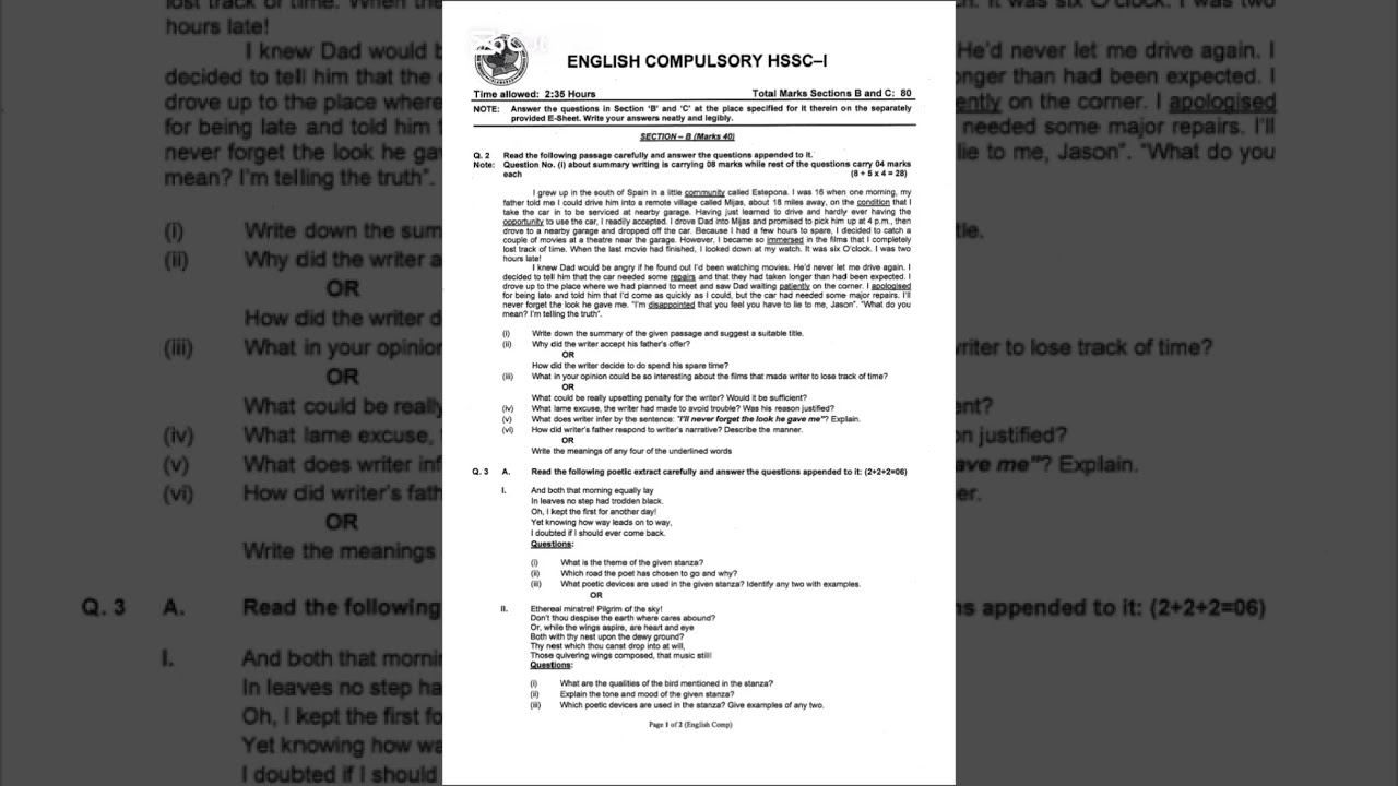 Fbise 11th Class (HSSC-I) English Compulsory Paper 2024 (1st Annual, 1st Version) #fbise #pastpapers
