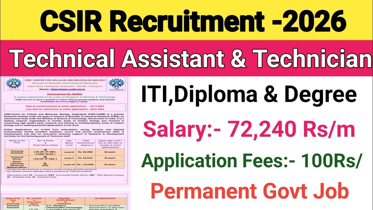 CSIR -CCMB Recruitment 2026||Technician & Technical Assistant Vacancy 2026||ITI, Diploma & Degree