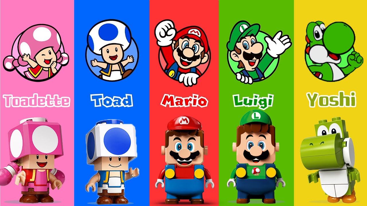 LEGO Mario, Luigi, Toad, Yoshi, Toadette with game play in Super Mario 3D World