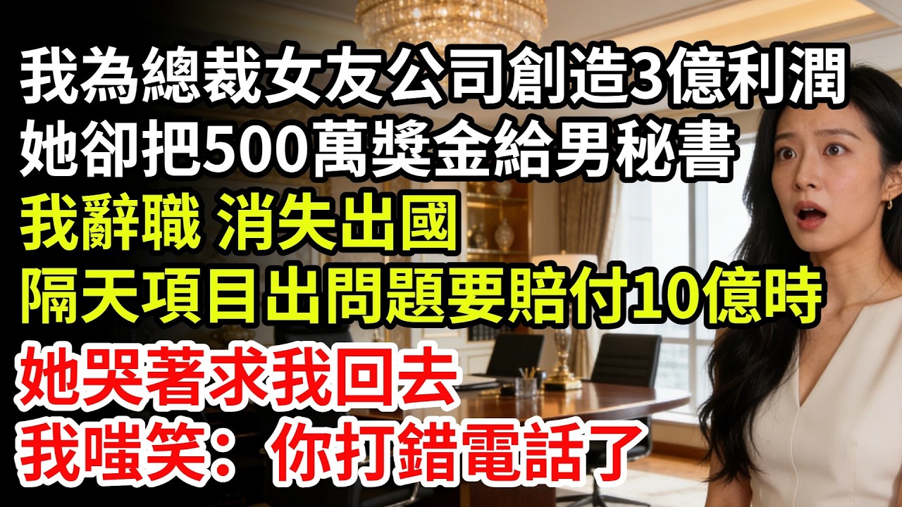 我為總裁女友的創業公司創造3億利潤，她卻把500萬獎金給新來的男秘書，我直接提交辭職信，消失出國，隔天項目出問題要賠付10億時，她哭著求我回去，我嗤笑：你打錯電話了#男頻小說#故事#小說#爽文