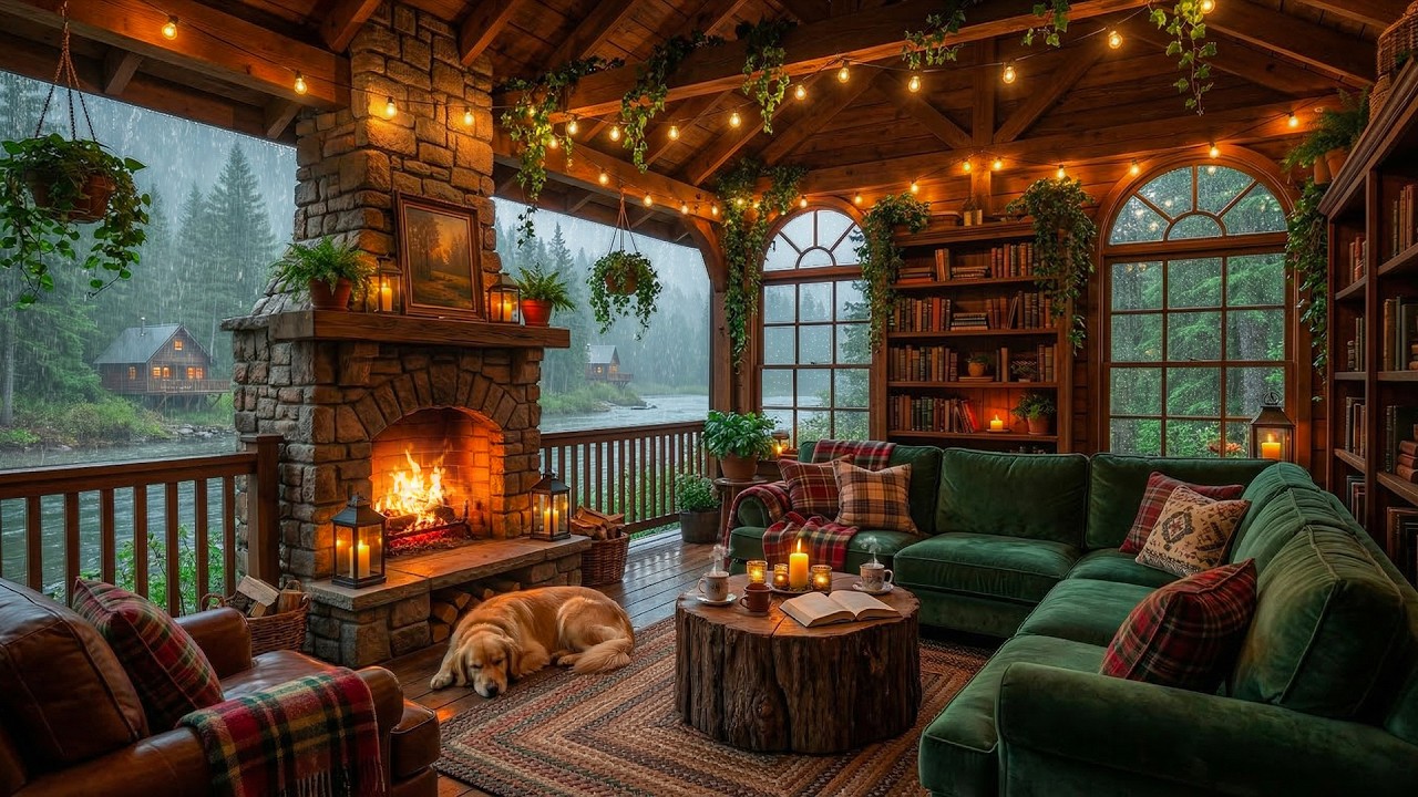 Rain Sound & Thunderstorm with Jazz Melody | Warmth Fireside in a Cozy Cabin next to the Forest