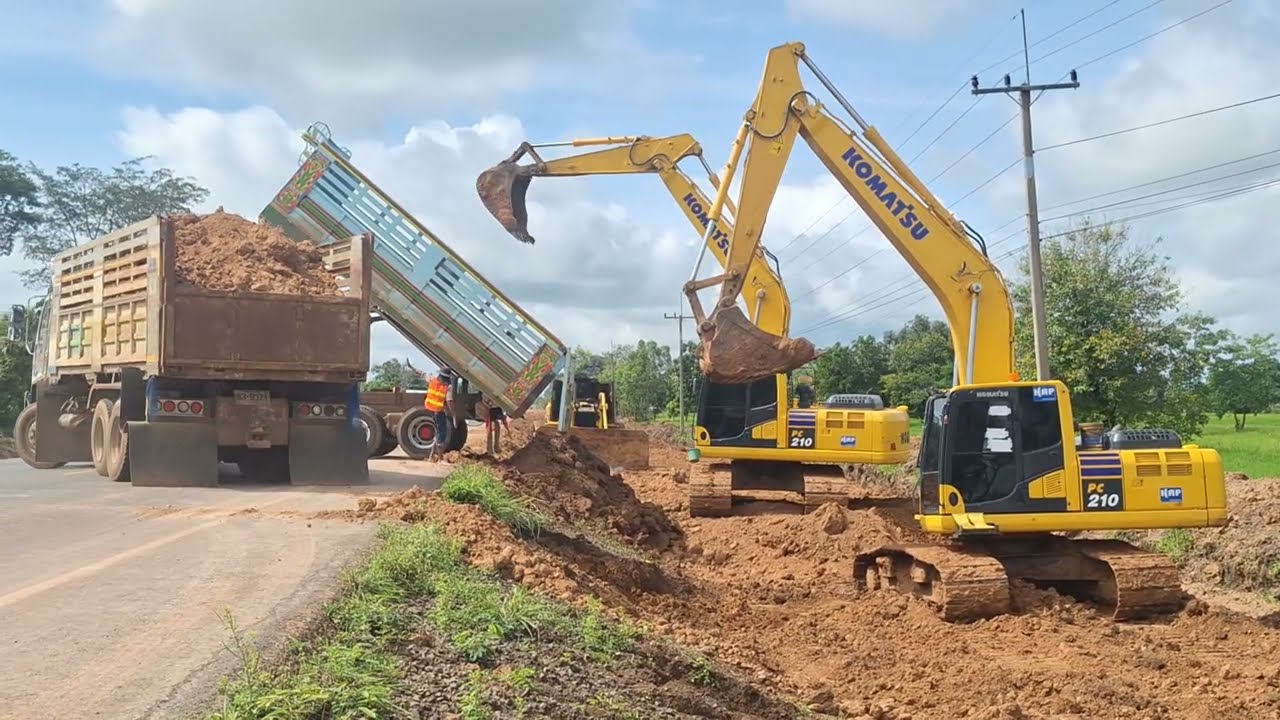 เอ็มซิโร่รุ่นสิบแพคคู่งานขยายถนน4เลนช่วยกันดั้มแบกดินชมไปบ่นไป excavator and truck