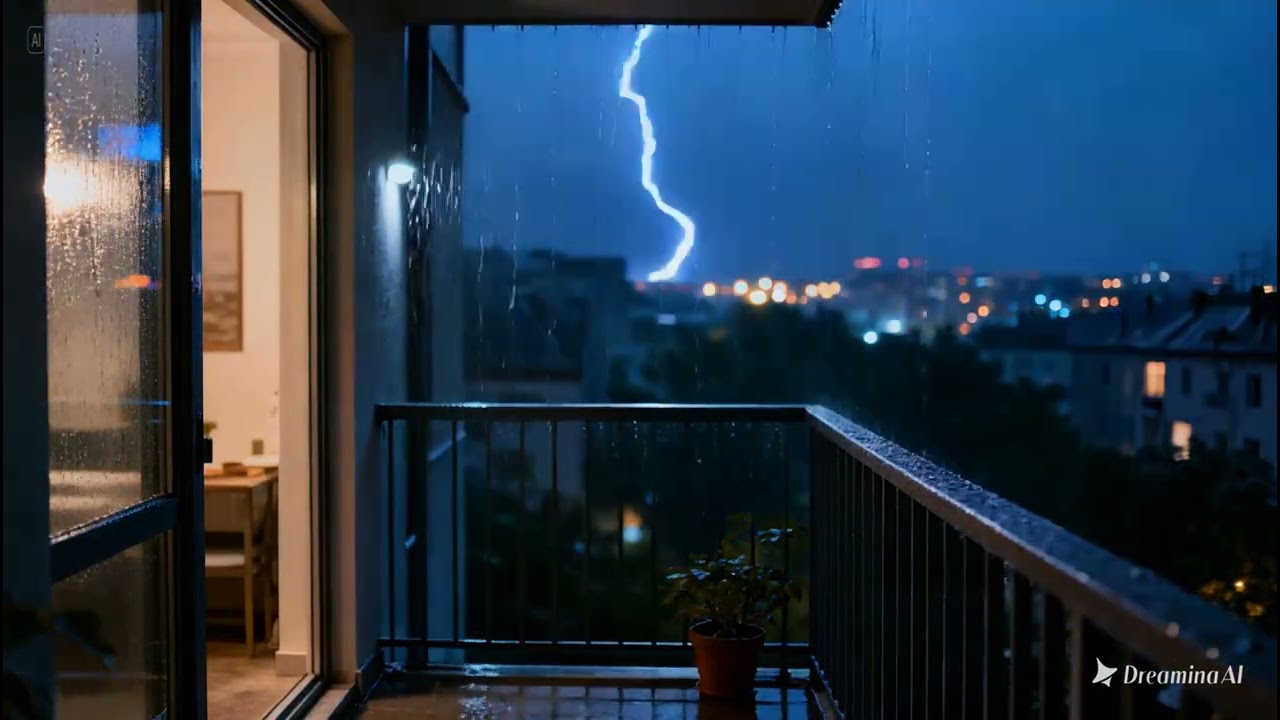 A small apartment balcony 4K at night,DEEP rain gently falling, static camera, relaxing ASMR