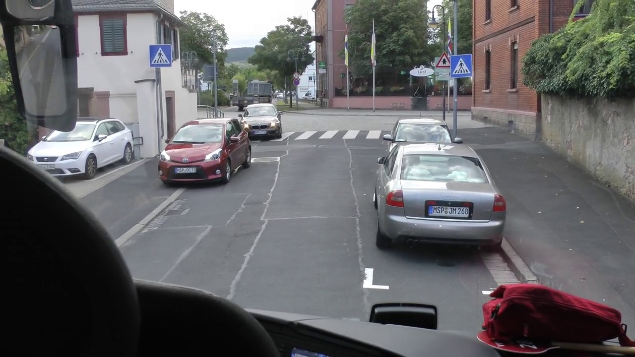driver view narrated Viking bus ride through Karlstadt am Main, Franconia, Bavaria, Germany