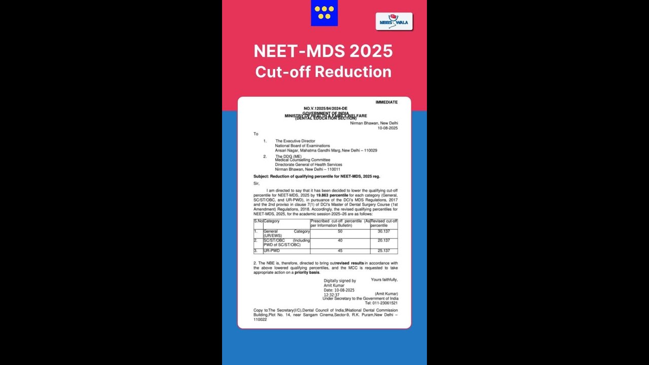 NEET-MDS 2025 Cut-off Percentile Reduced! #NEETMDS2025 #MDSAdmissions