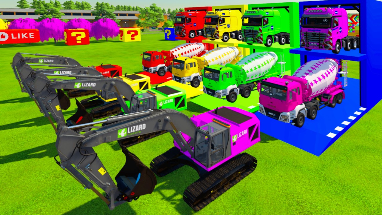 Colorful trucks - ALL COLORFUL MAN CONCERTE MIXER TRUCK, EXCAVATOR TRANSPORTING TO COLORFUL GARAGE