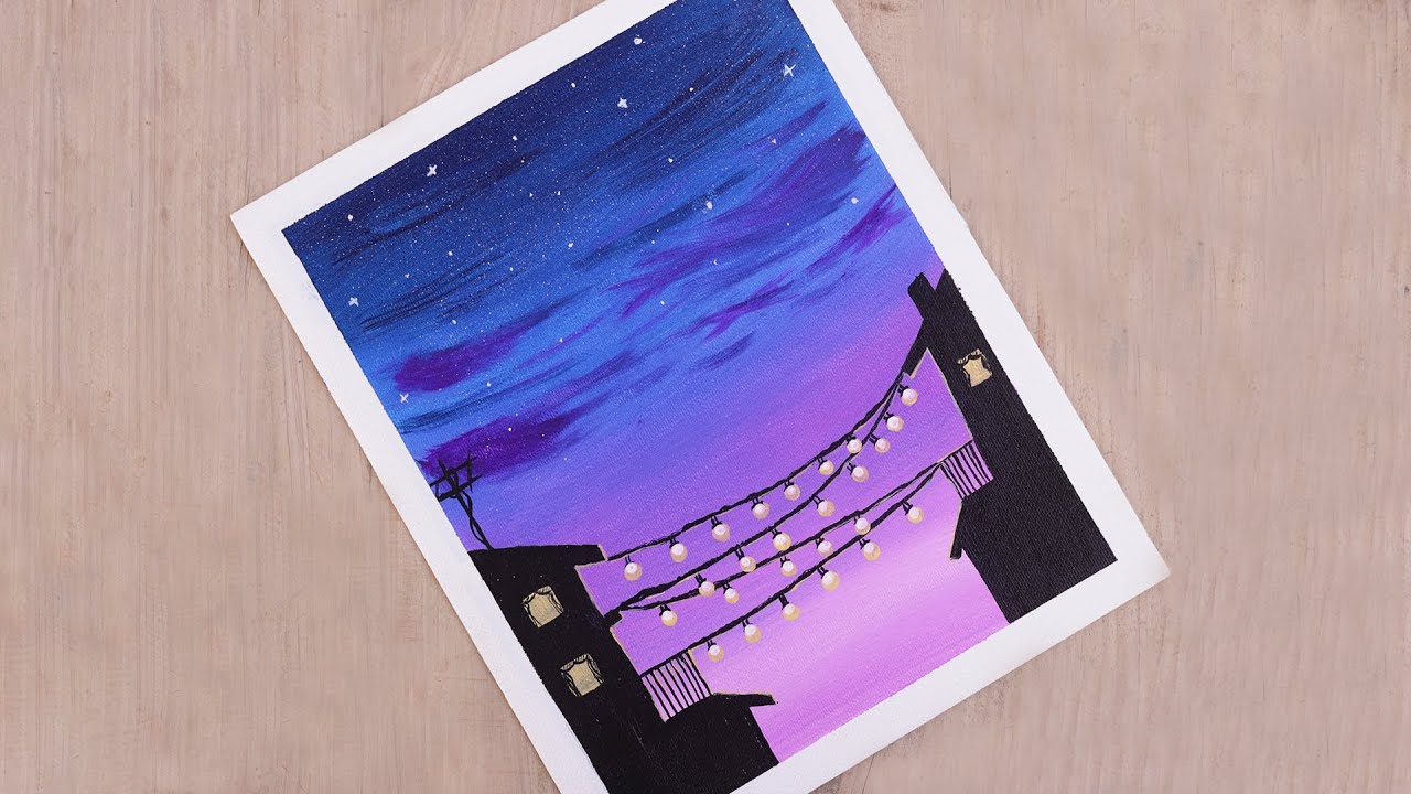 String Lights Sunset Scenery | Painting Tutorial For Beginners Acrylic
