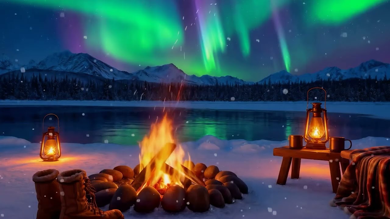 4K Aurora Campfire Ambience (10 Hours) Snowfall, Frozen Lake, Fire Crackling for Deep Sleep & Study