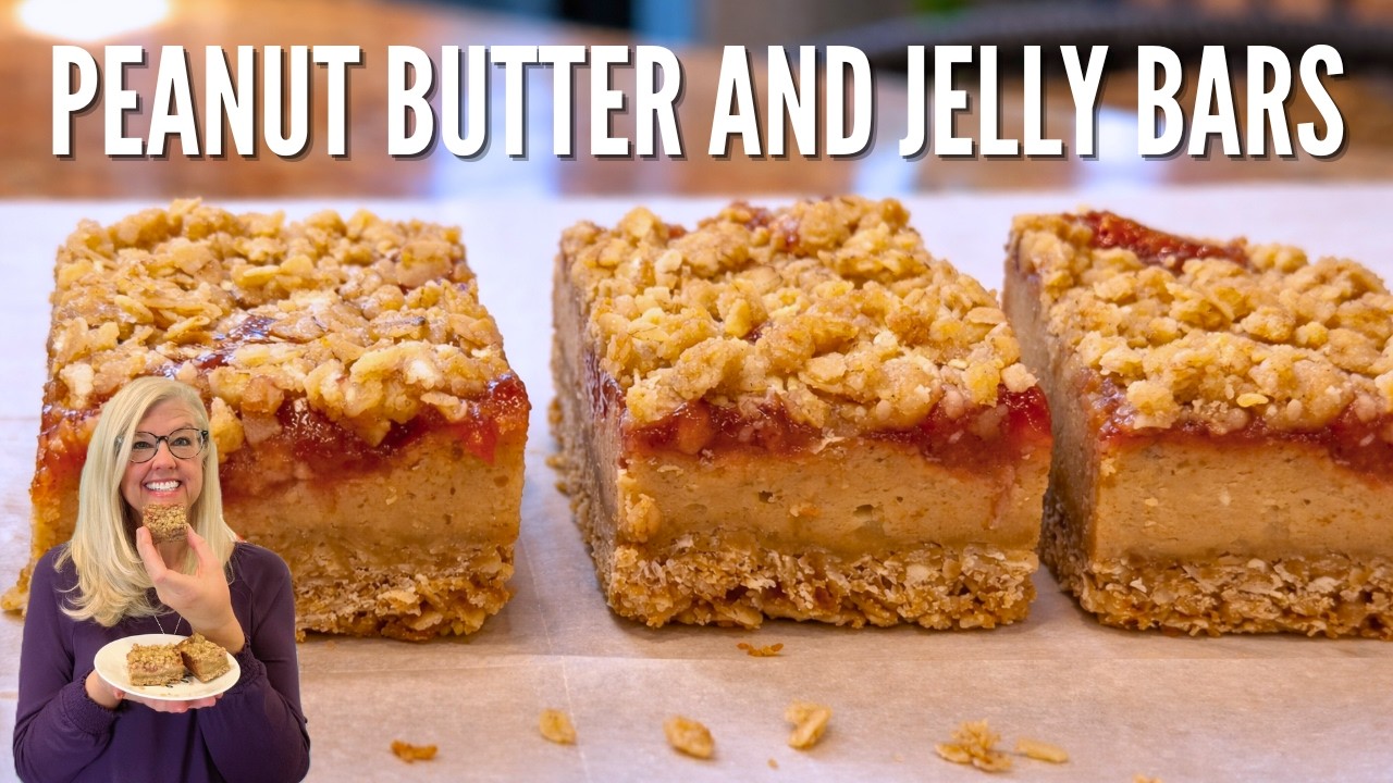 Peanut butter and jelly bars! Each insanely good bite is packed with PB&J goodness!