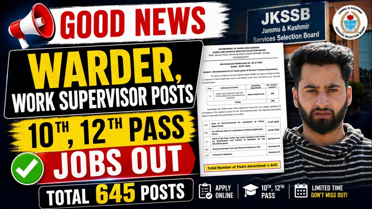 JKSSB New 645 Posts 2026 - Warder, Work Supervisor Posts Out 🔥 Jkssb Class Iv Posts Out | Jkssb Jobs