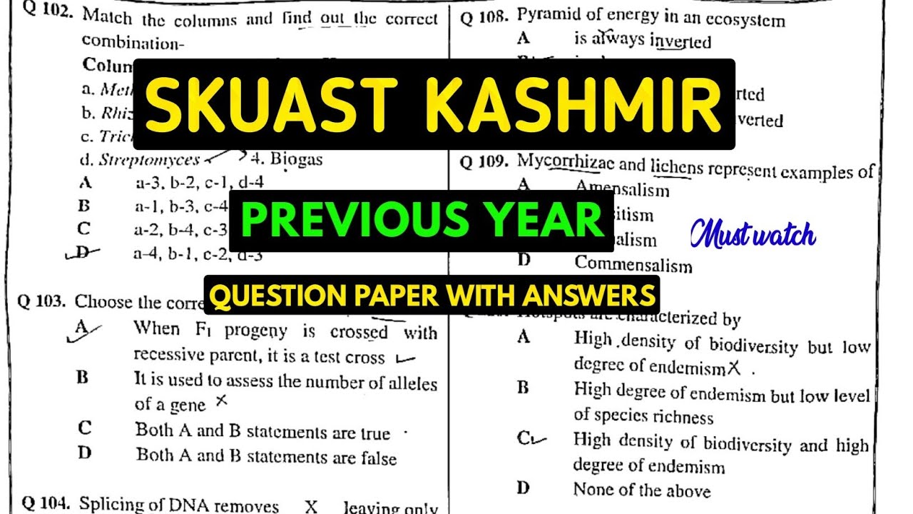 SKUAST KASHMIR UG  | PREVIOUS YEAR PAPER  | PAPER PATTERN | SKUAST UG QUESTION PAPER WITH ANSWERS.