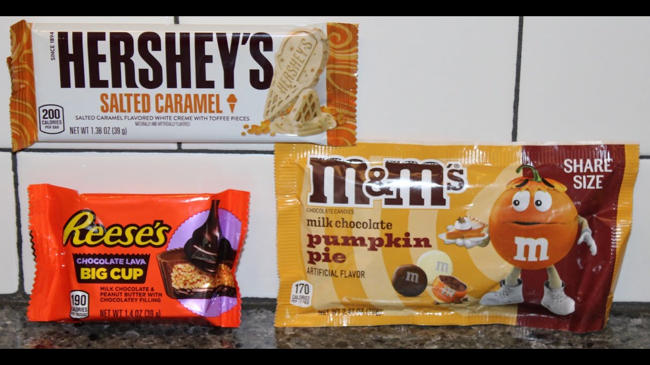 Reese’s Chocolate Lava Big Cup, Hershey’s Salted Caramel and M&M’s Milk Chocolate Pumpkin Pie