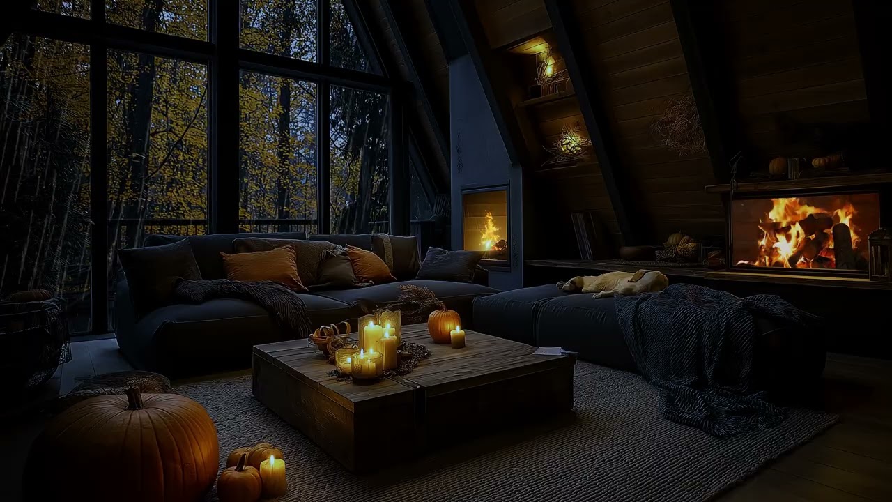 Rainy Autumn Night with Crackling Fireplace | Cozy Living Room, Pumpkins and Sleeping Dog Ambience