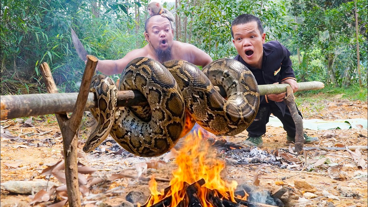 Dwarf Family Encounters Giant | Giant Python Roasted Whole | Primitive Survival Life