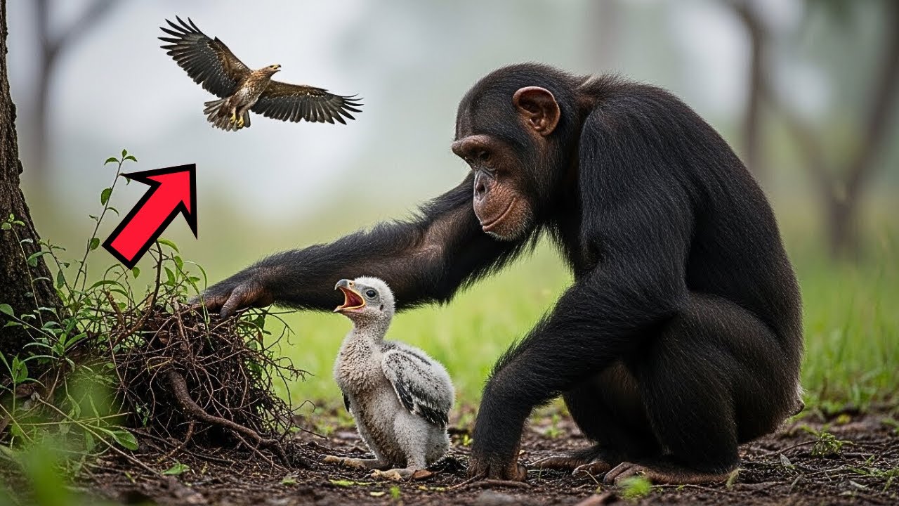 LO NUNCA VISTO: El increíble rescate de un Chimpancé a un polluelo de águila en peligro real