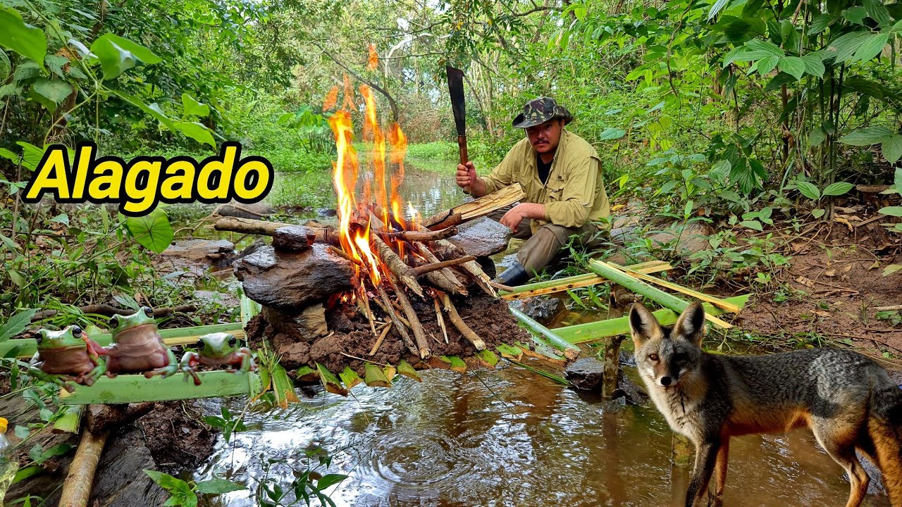 Acampei e Pesquei sobre o GROTÃO com BARRO e TALOS fiz meu fogão rústico! Almoço na mata
