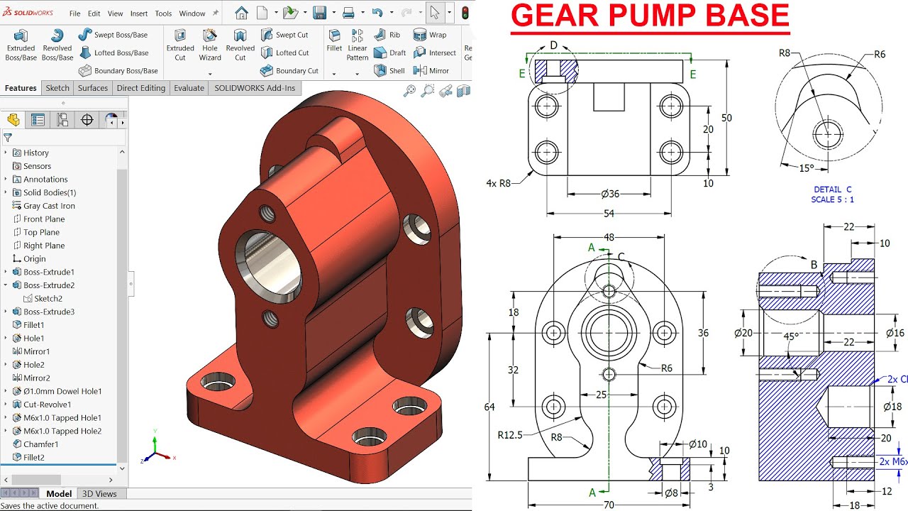 SolidWorks tutorial GEAR PUMP BASE