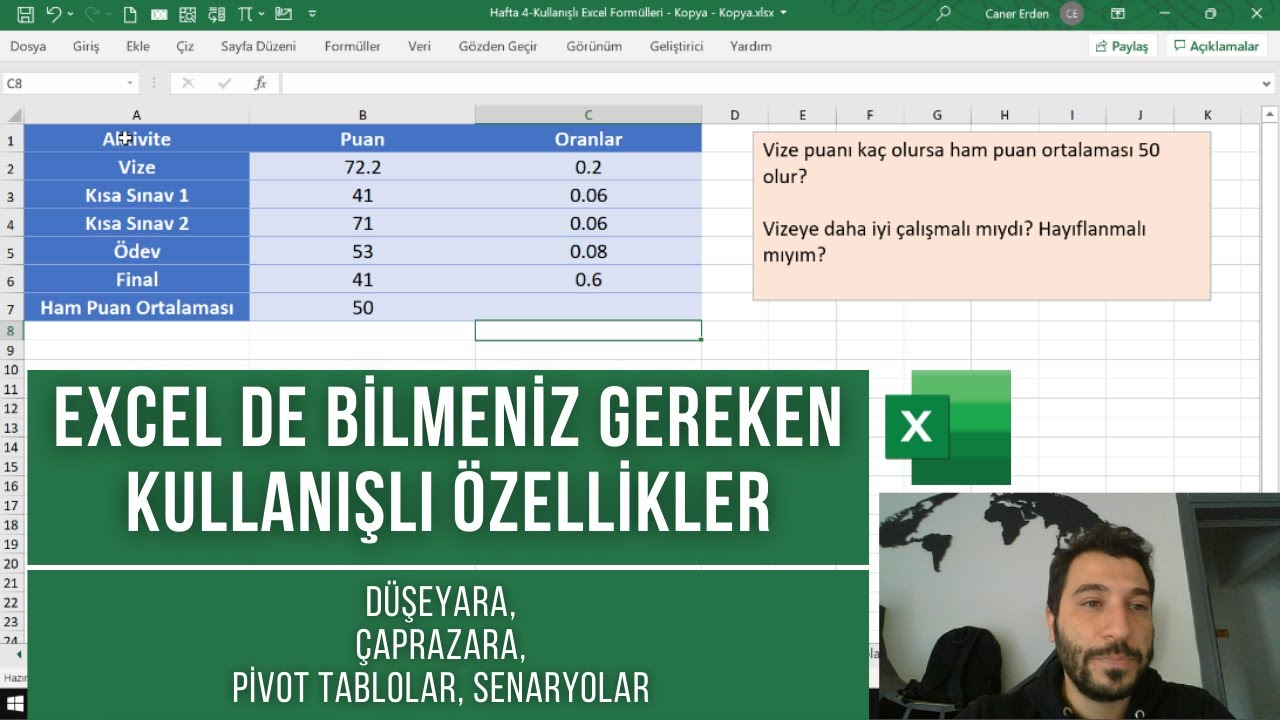#excel dersleri -- düşeyara, çaprazara, pivot tablolar, senaryolar