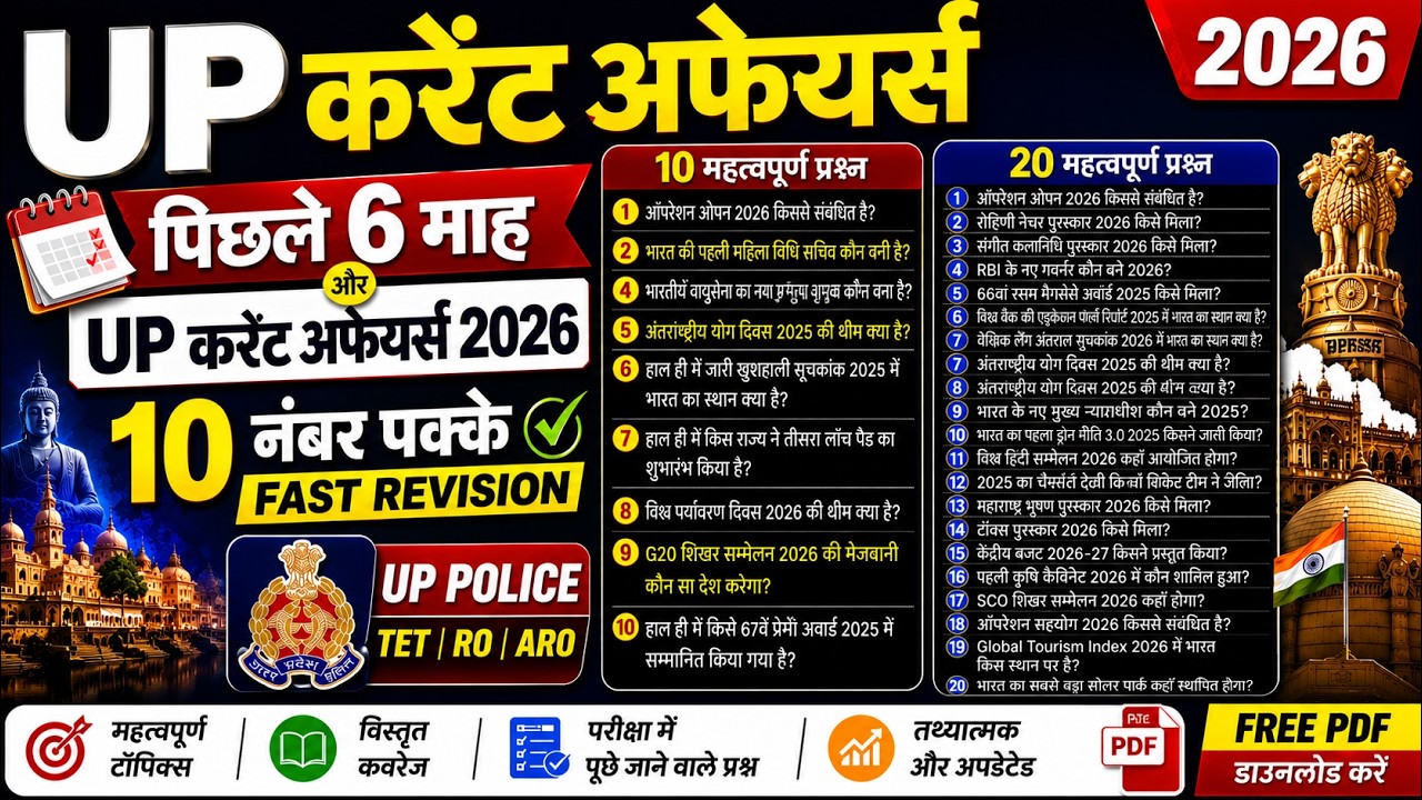 UP CURRENT AFFAIRS 2026 | LAST 6 MONTHS CURRENT AFFAIRS 2026 | UP CONSTABLE CURRENT AFFAIRS 2026 |