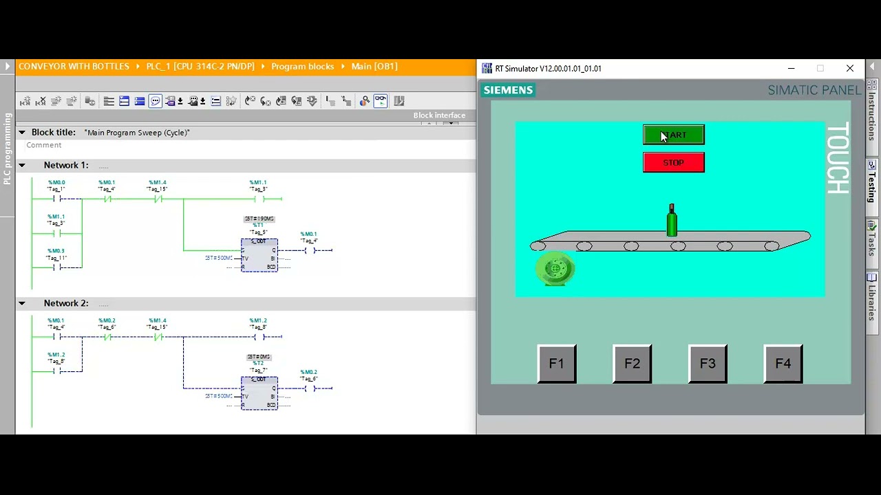 Conveyor belt moving bottles animation on HMI