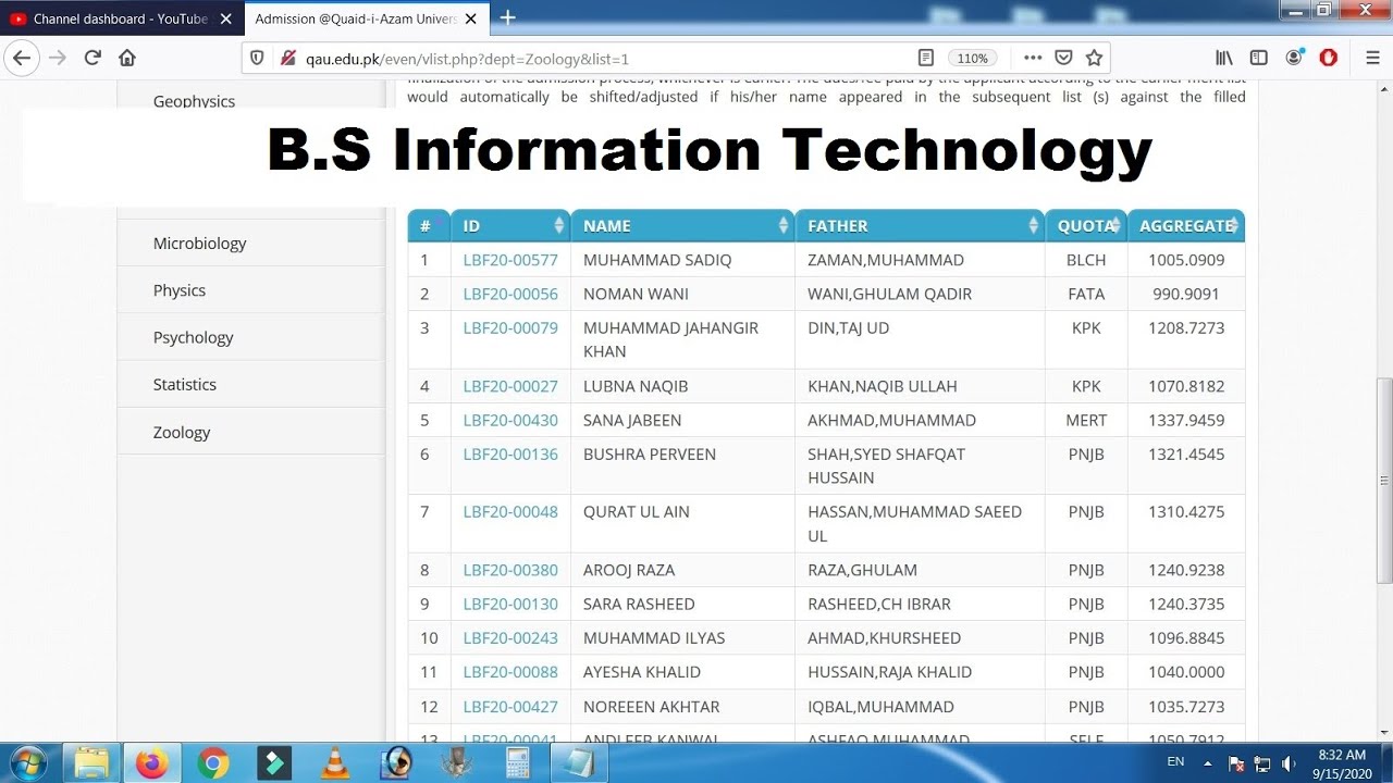 Quaid-e-Azam University | B.S I.T 7th Merit List 2020