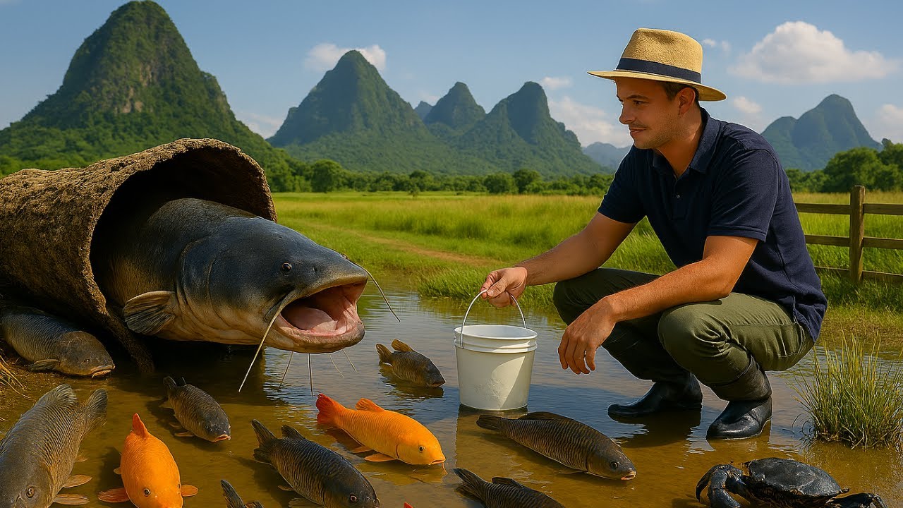 Amazing Hand Fishing Catch Fish and Turtle in Shallow Mud Water