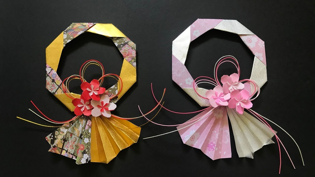 【折り紙 お正月飾り】しめ縄 梅の花リース 折り方 Origami decoration on New Year's day Plum Flower wreath tutorial（NiceNo1）