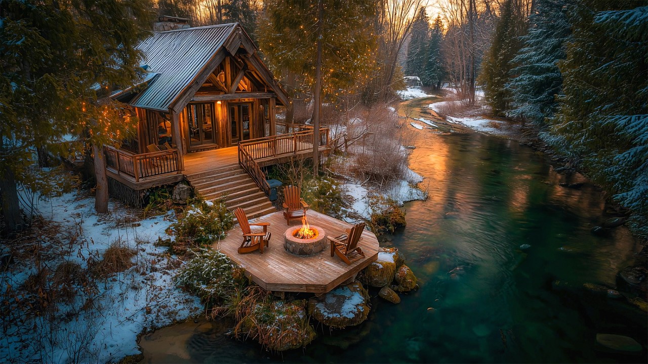Winter Forest Cabin Ambience | Soft Birdsong and Gentle River Flow