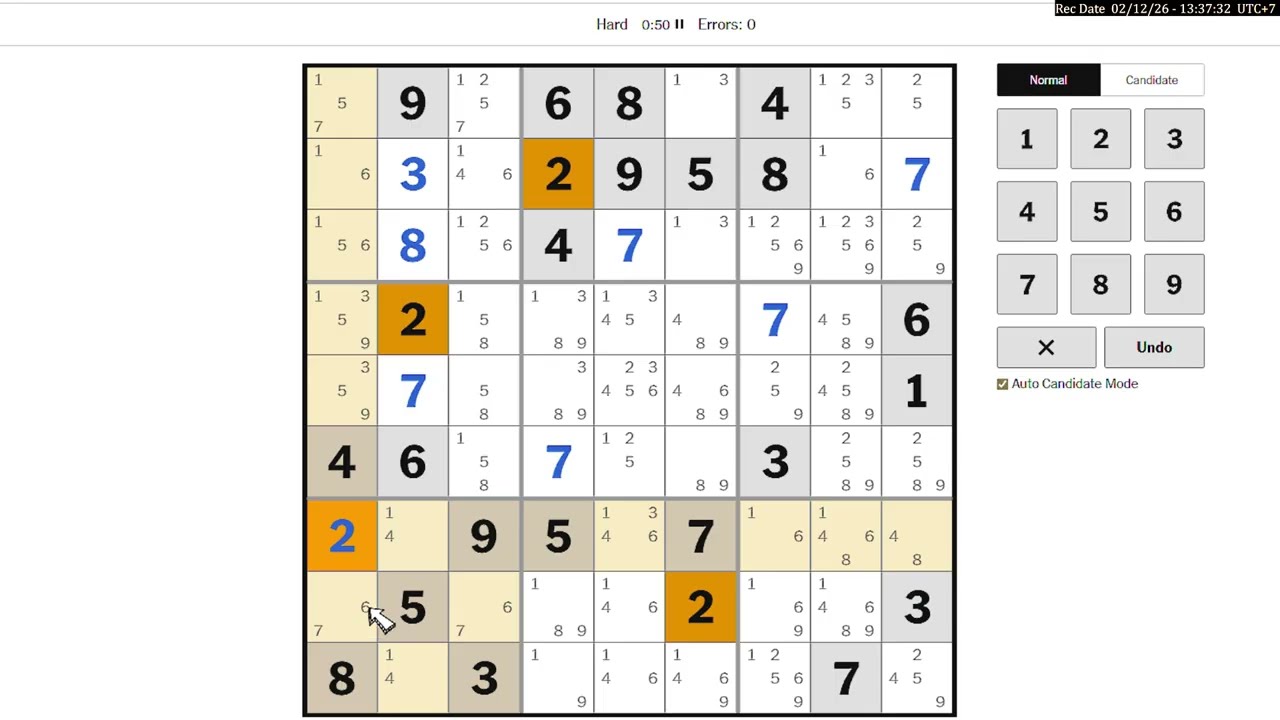 Hard Sudoku New York Times February 12, 2026