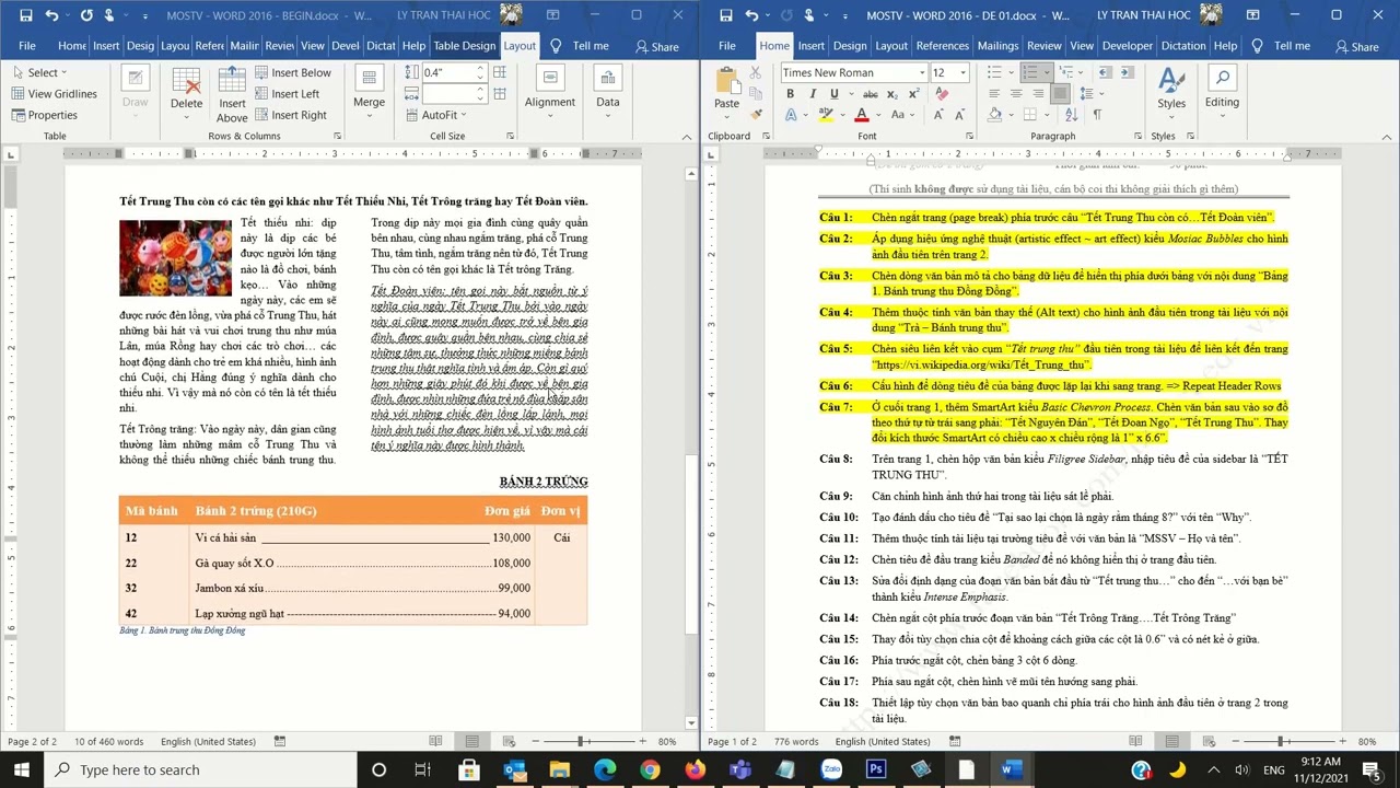 MOS Word 2016 tiếng Việt - Đề ôn số 1: Bánh Trung Thu - Bộ đề ôn thi Tin học MOS 1 (Word 2016)