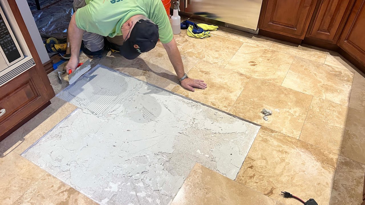 Travertine Stone Floor Restoration! Tile replacement, Honing and Polsihing!