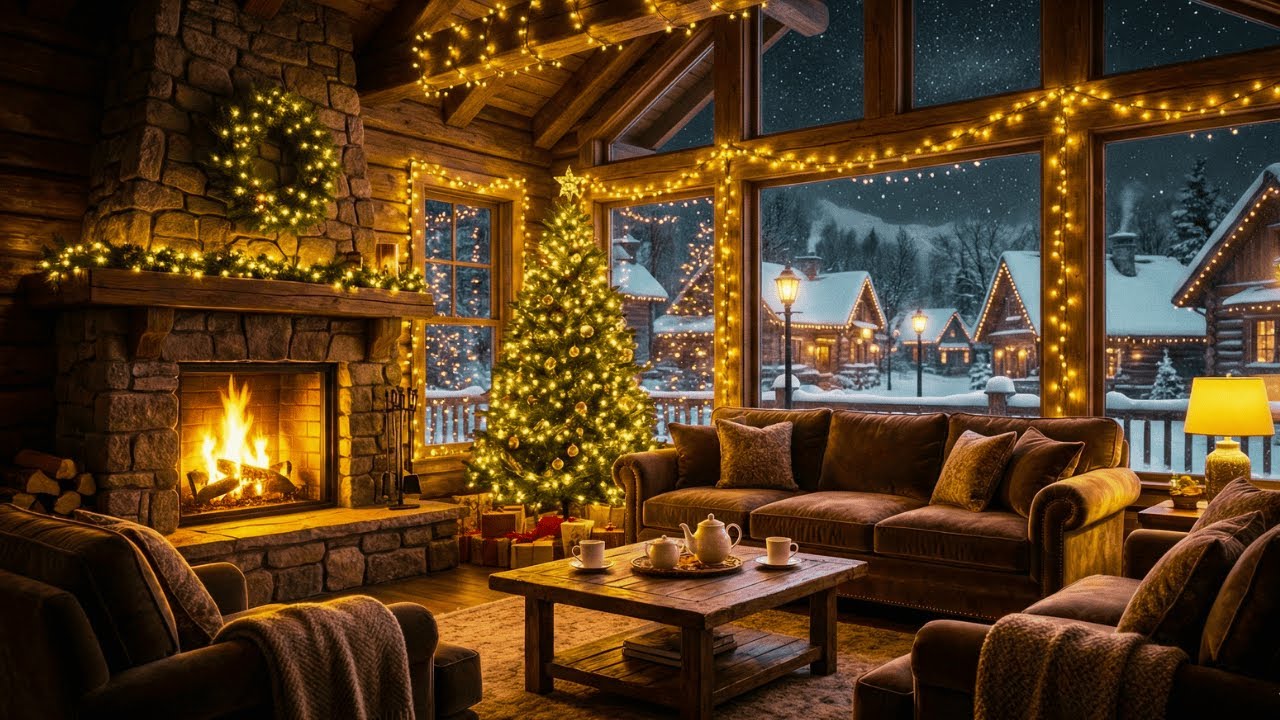 Christmas Cabin Ambience 24/7 🎄 Instrumental Music, Cozy Fireplace & Winter Calm