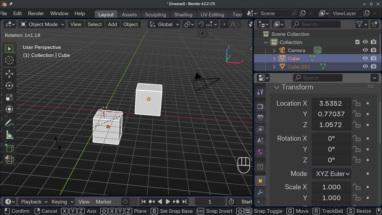 PKB:G3D, rotacje oraz wsp&oacute;lny środek transformacji, Blender 4.2.2