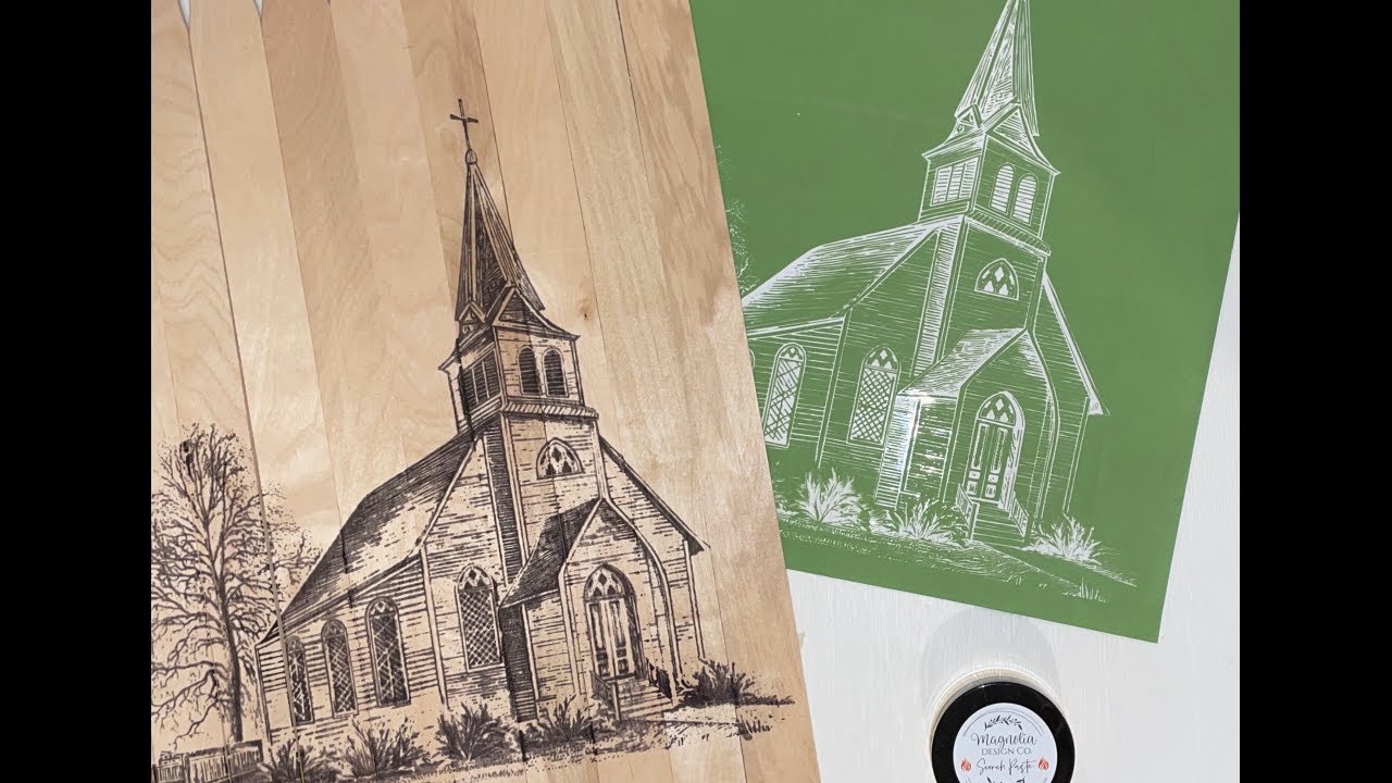 Let&rsquo;s use some scorch paste and a stencil to &ldquo;burn&rdquo; an old country church on paint stir stick sign.
