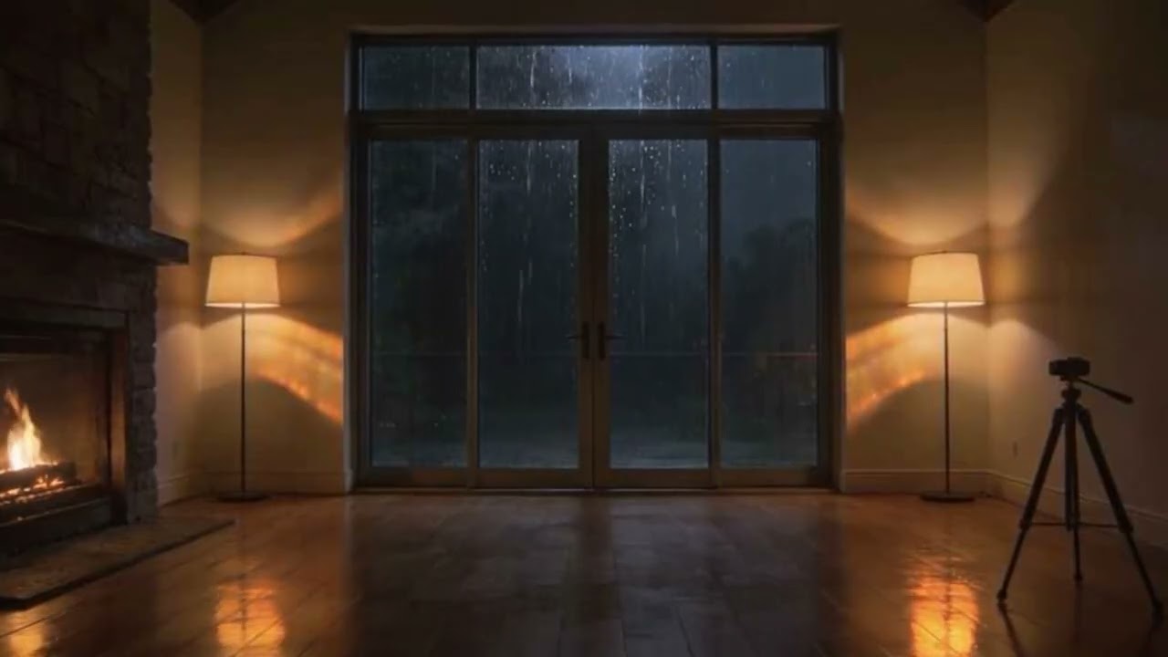 Heavy Rain Outside the Window 🌧🔥 | Dark Cozy Fireplace Room Ambience for Sleep (4K) | 窓の外は大雨、暖炉の灯る夜
